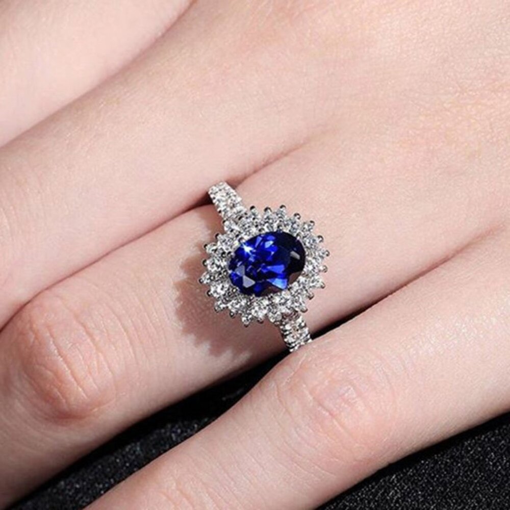 3/$35 Copper Ring Silver Tone Oval Blue Cubic Zirconia Diamond Crystal Jewelry
